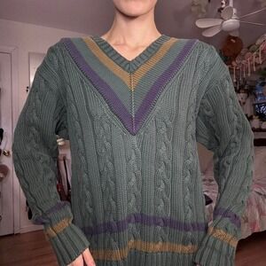 Vintage Gap Cable Knit Sweater Green Purple Mustard V-Neck Cotton Small